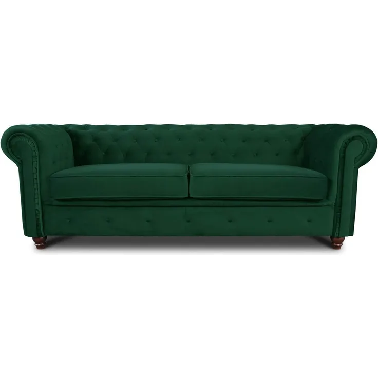 Sofa Chesterfield Asti 3-Sitzer, Couchgarnitur 3-er, Sofagarnitur, Couch mit Holzfüße, Polstersofa - Glamour Design, Velours (Dunkelgrün (Velvet 78))