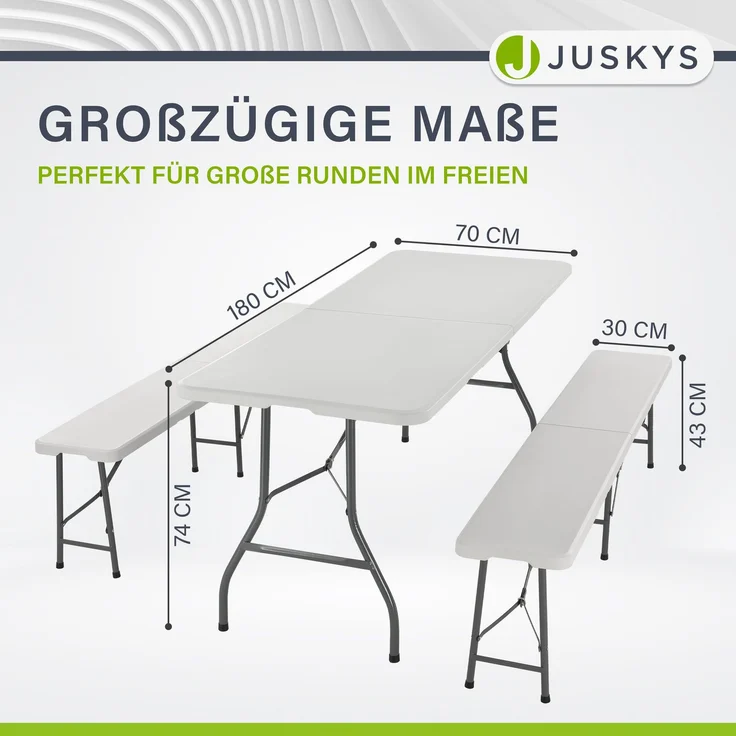 Juskys 'Bayreuth' Bierzeltgarnitur, 3-teilig, klappbar, Kunststoff, 180 x 70 x 74 cm, Weiß – Bild 8