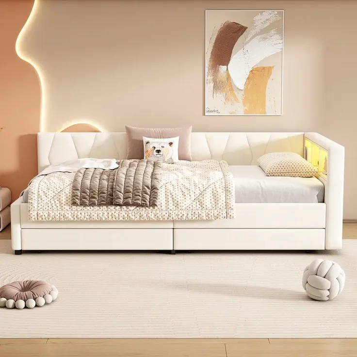 Schlafsofa mit LED-Beleuchtung, Lattenrost, Schubladen, USB/Typ-C Anschlüssen, 90x200cm, Polsterbett, Einzelbett, Leinen – Bild 3