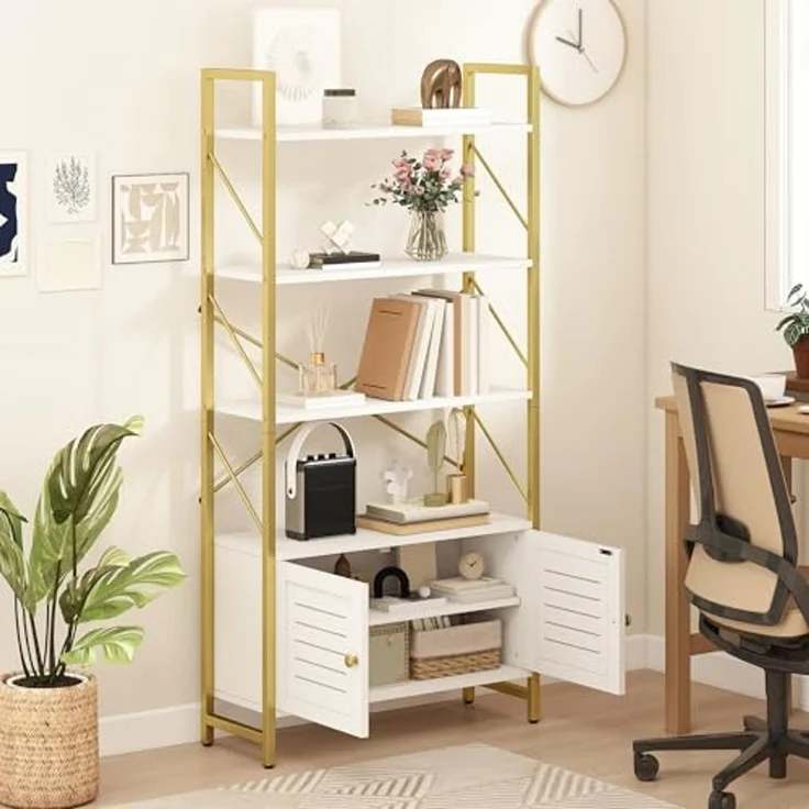 DWVO Bücherregal, Weiß & Gold, 5 Regalböden, Aufbewahrungsschrank mit Türen, modernes Bücherregal für Büro & Zuhause, kompaktes Ausstellungsregal, langlebiges Design – Bild 2