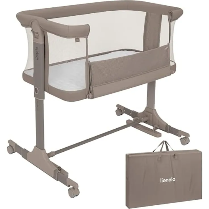 Lionelo Pari Beistellbett 3in1, 6-Fach höhenverstellbar mit Neigungsverstellung für Boxspringbett, als Wiege & Babybett, Netzseiten, Rollen mit Bremse, Matratze, Gurte, Transporttasche, 84x48 cm
