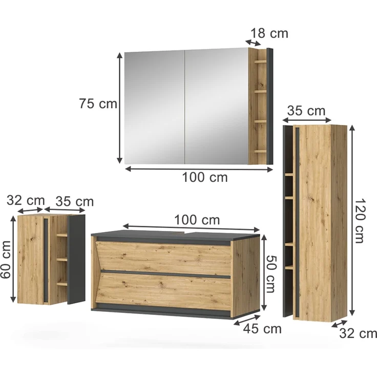 Badmöbel-Set Edelin Anthrazit/Artisan-Eiche 4-teilig Vicco – Bild 2