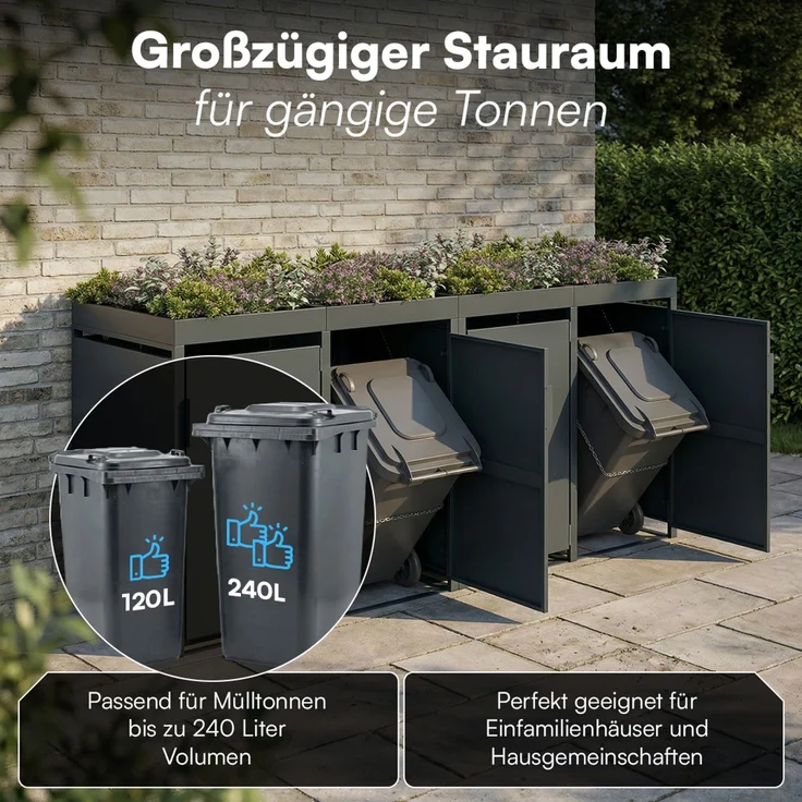 STEELSØN 'Thoria' Mülltonnenbox 4er je 240 Liter, anthrazit, Mülltonnenverkleidung aus Stahl, wetterfest, 125x80x268 cm, Müllbox mit Pflanzendach für 4 Tonnen – Bild 2