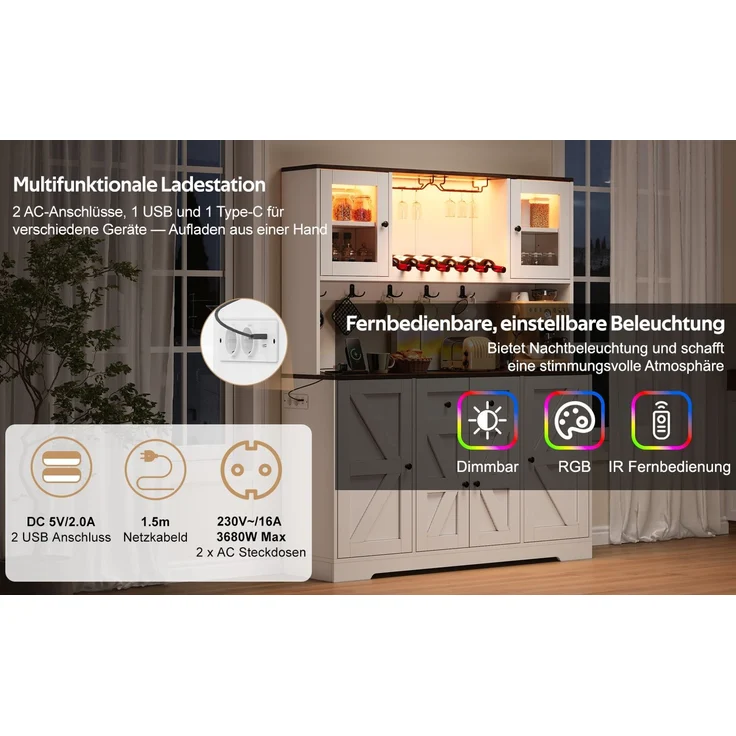 Küchenschrank, hoher Schrank mit LED-Beleuchtung und Steckdosen, Vorratsschrank mit Acrylglastüren, Weinregalen und Weinglashaltern, Vitrinenschrank für Wohnzimmer & Esszimmer, 140 × 40 × 173 cm--Weiß--140x40x173cm--YOUDENOVA – Bild 7