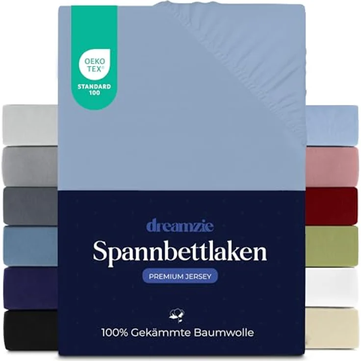 Dreamzie Premium Spannbettlaken 100x200 cm, Bettlaken 100% Jersey Baumwolle, Spannbetttuch für Dicke Matratzen bis zu 22 cm, 150 g/m², Oeko-TEX Zertifiziert - Hellblau – Bild 2