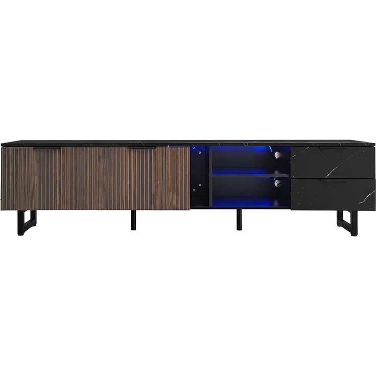 TV-Lowboard, MDF in Marmoroptik mit LED-Beleuchtung & Stauraum, 200x38x50 cm, Schwarz/Holzfarbe – Bild 7