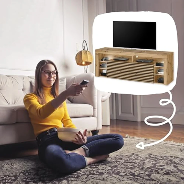 GOAL 2 TV-Lowboard mit LED-Beleuchtung in Artisan Eiche Optik, Schwarz - TV Schrank mit viel Stauraum für Ihr Wohnzimmer - 179 x 67 x 44 cm (B/H/T) – Bild 6