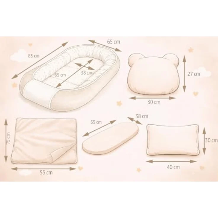 Babynest Nestchen Baby Set für Neugeborene – 5-teilig – Kuschelnest aus 100% Baumwolle & Waffelpique – Babykokon tragbar – für Babybett, Kinderbett & Kinderwagen – OEKO-TEX - Elefanten und Sand – Bild 2