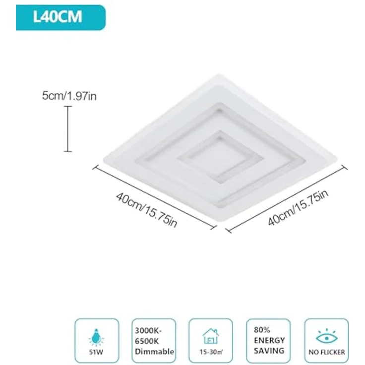 Comely LED Deckenleuchte Dimmbar Quadratisch for Wohnzimmer, 52W 5850LM 40cm Weiß Moderne Quadrat LED deckenlampe mit Fernbedienung für Wohnzimmer Schlafzimmer, Dimmbar 3000K-6500K – Bild 5