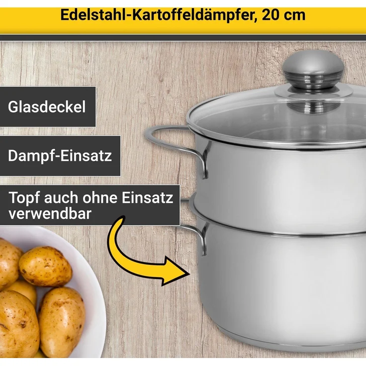 Karl Krüger KEC20 Kartoffeldämpfer Edelstahl mit Glasdeckel 20 cm - Dünstaufsatz ca. 16 cm / Gemüse-Dünster / INDUKTION – Bild 3