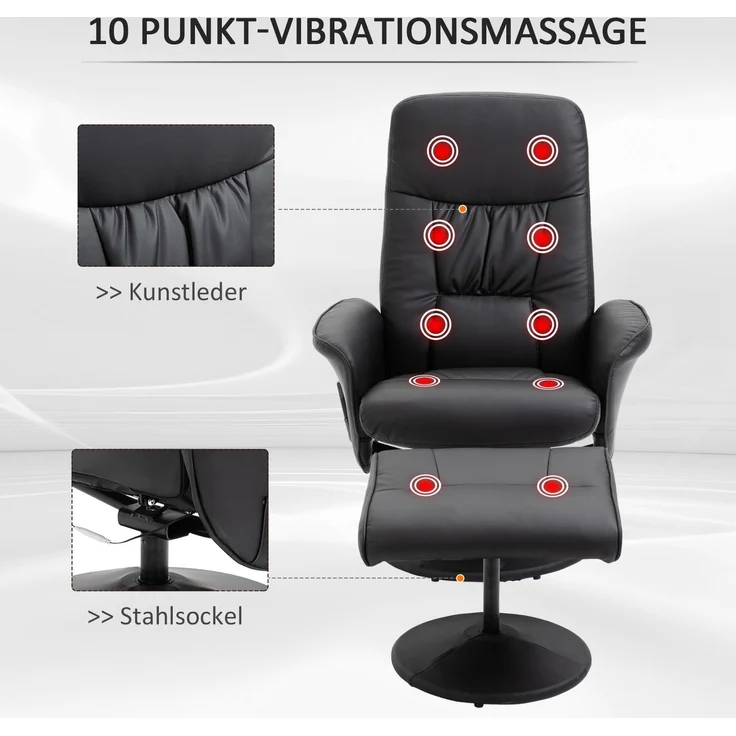 Massagesessel aus Kunstleder mit Hocker, 10 Massagepunkten, 76x81x105 cm, Schwarz – Bild 5