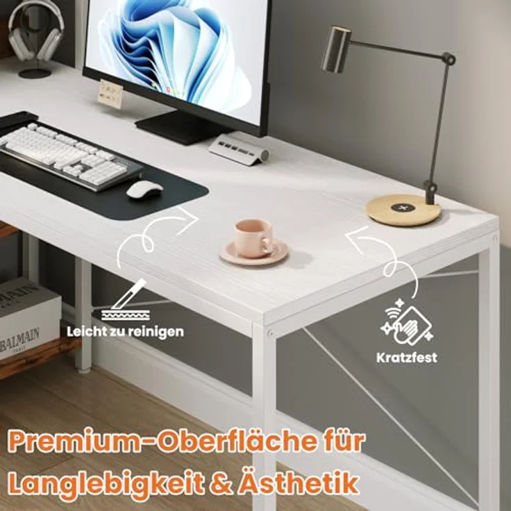 Sweetcrispy Schreibtisch mit Seitlichem Regal & Verstellbaren Füßen, 120 cm breiter Bürotisch, Starker Computertisch mit Ablagefläche, Einfacher Montage, Weiß – Bild 7