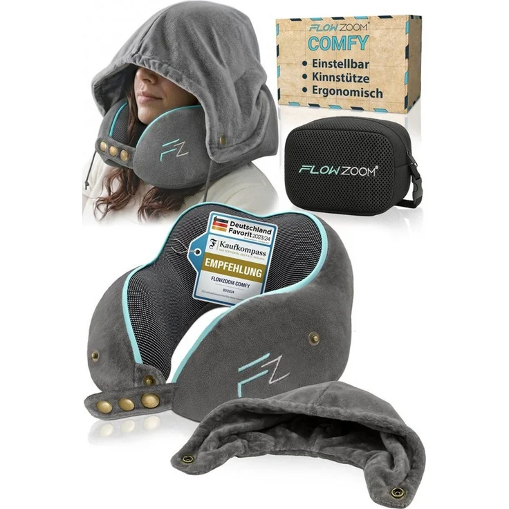 FLOWZOOM Nackenhörnchen COMFY Nackenkissen Flugzeug & Auto – Reisekissen Memory-Schaum, Nackenhörnchen für Erwachsene - Nackenkissen Reisen - verstellbar – Bild 1