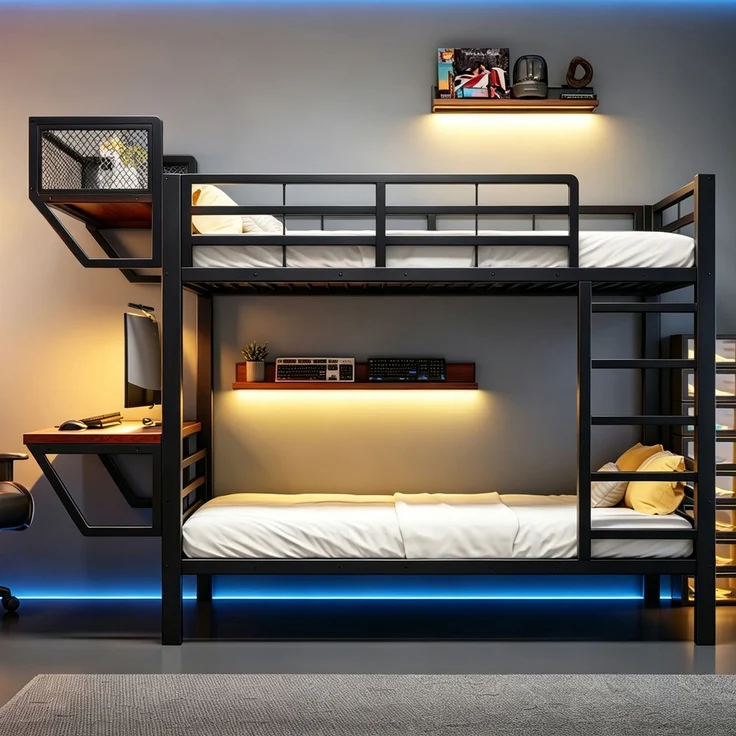 ZUBALIYA Metall-Etagenbett (90 x 200 cm) mit Schreibtisch und Ablagefächern, Lattenrost, platzsparendes Hochbett für Kinder, Jugendliche und Erwachsene, Schwarz – Bild 2