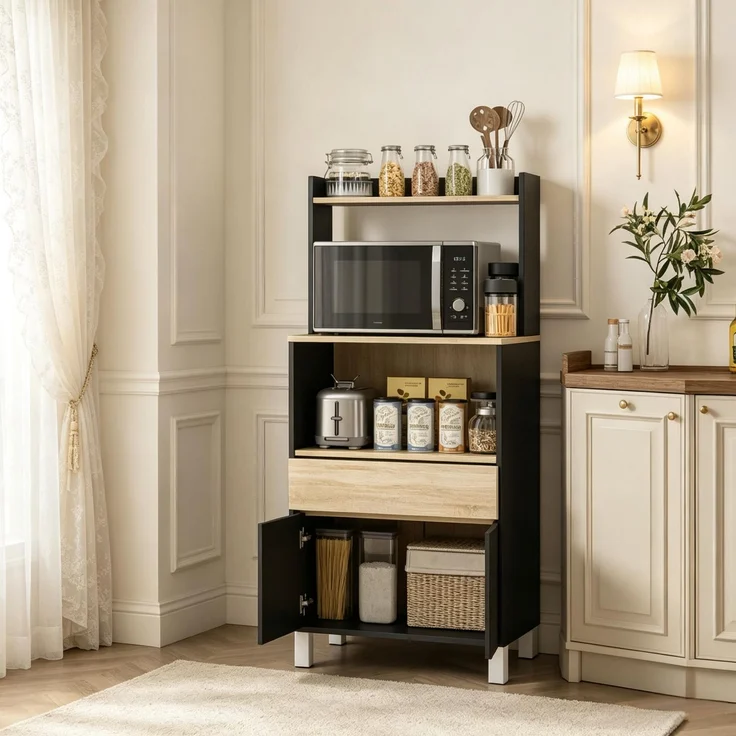ZUBALIYA Küchen‑Buffet Mikrowellenschrank mit Schrank, mit praktischer Küchenaufbewahrungsschrank für Haushalt und mikrowellenmöbel, 60.00 x 40.00 x 131.00 cm, mit Schubladen, Samt, Schwarz – Bild 2