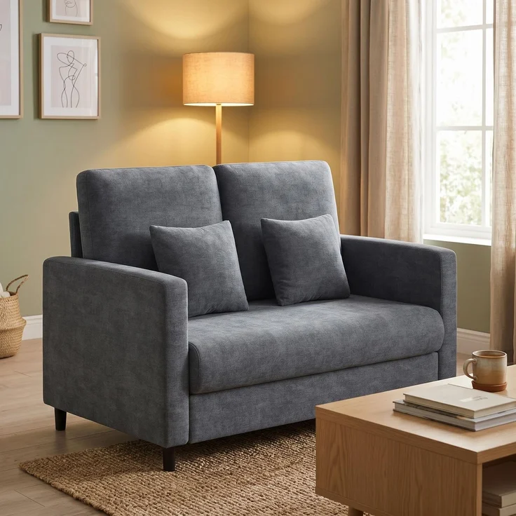 Garvee Mid-Century 2-Sitzer Sofa 132 cm – Kompaktes Loveseat mit Massivholzrahmen, Polstersofa mit Leinenbezug, werkzeuglose Montage, Moderne Couch für Wohnzimmer & Schlafzimmer