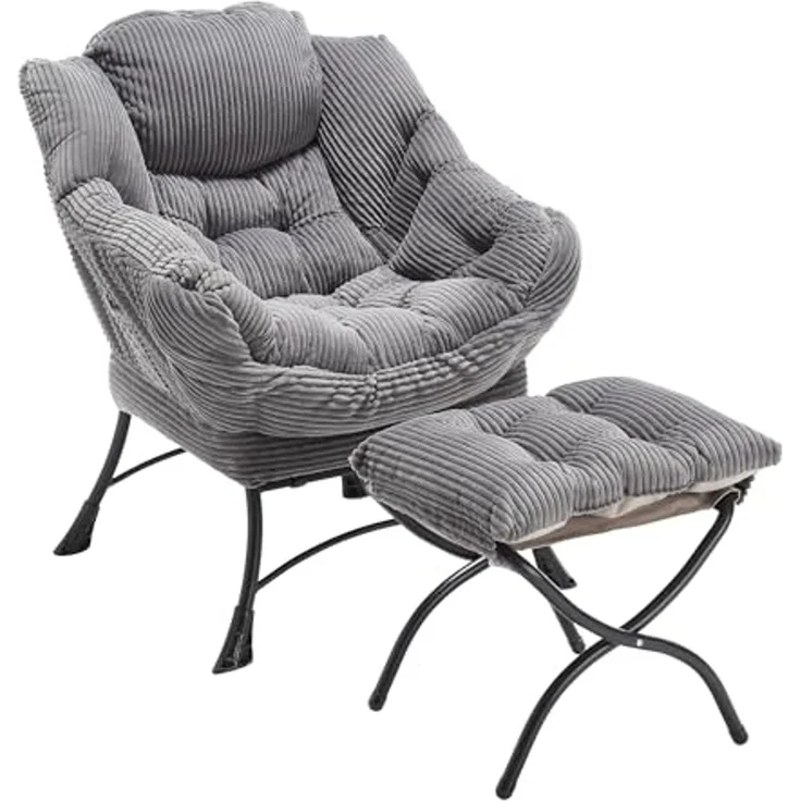 FurnitureR Lazy Chair with Ottoman, Modern Lounge Accent Chair with Armrests and a Side Pocket, Leisure Upholstered Sofa Chair Reading Chair with Footrest for Small Space, Corner Chair-Grey – Bild 2