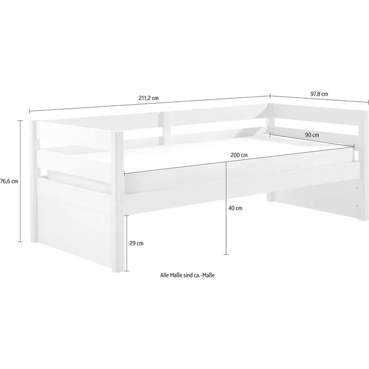 Kojen Bett Margrit mit Umrandung u. Rolllattenrost, Liegefläche 90x200, Ausf. Weiß lackiert, Bettpfosten Kiefer natur lackiert