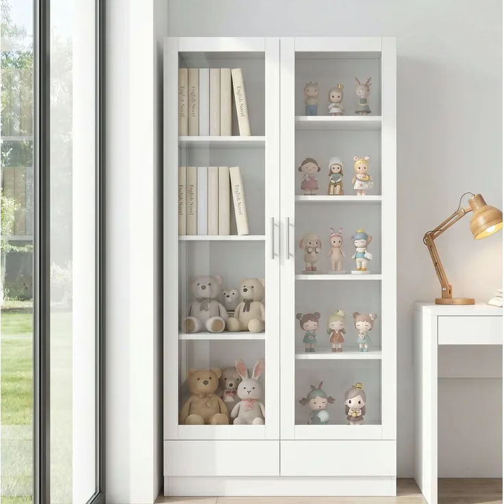 Vitrinenschrank 80 x 40 x 160 cm mit Glastüren, Schublade und versetzten Fächern – Weiß