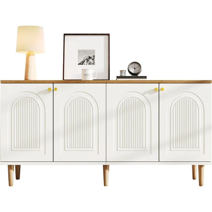 Sideboard 140 x 35 x 71 cm mit 4 Türen, 3D-Relief und Ablagefächern – Weiß und Holzton – Bild 8