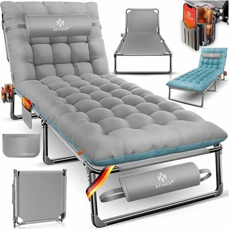 KESSER Campingbett klappbar mit Tragetasche, Nackenkissen, Vakuumtasche & Getränkehalter, Oxford-Gewebe grau / blau, 68 x 190 x 30 cm – Bild 1