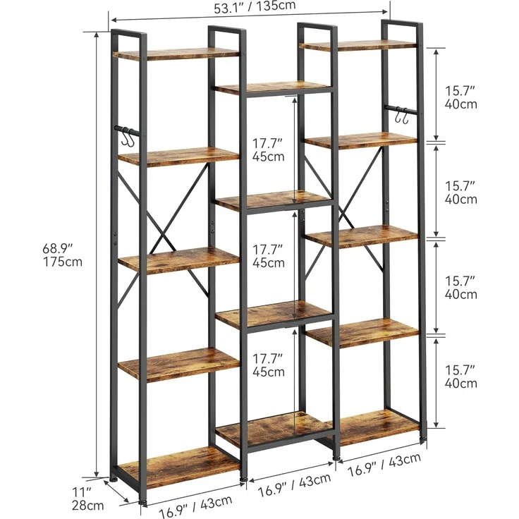 YITAHOME Industrielles Bücherregal 135 cm breit, Stehend Offen Aus Holz Und Metallrahmen Mit 14 Regalen, Präsentationsregal Für Wohnzimmer, Heimbüro, Vintagebraun – Bild 2