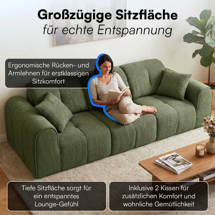 skølm 'Vanaheim' Sofa 3 Sitzer mit 2 Kissen, Cloud Sofa dunkelgrün, Chenille-Stoff, Vollschaumcouch mit Federkern und Vakuum-Kompression, kein Aufbau erforderlich – Bild 7