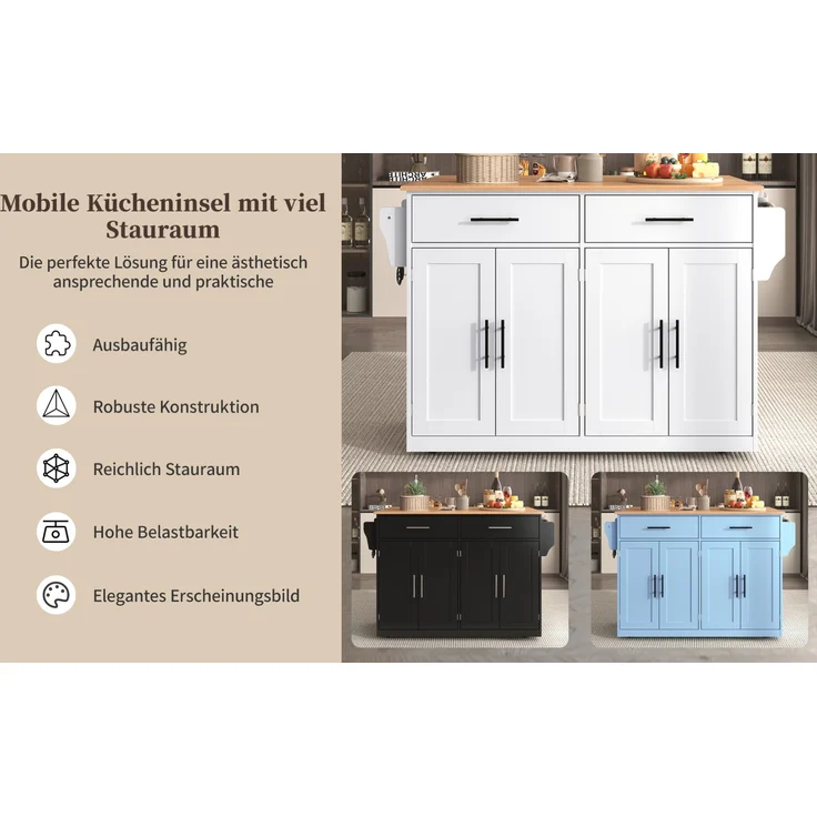 Servierwagen mit klappbarer Tischplatte, 120x46/70x91,5 cm, Weiß/Natur, mit Rollen & Stauraum – Bild 7