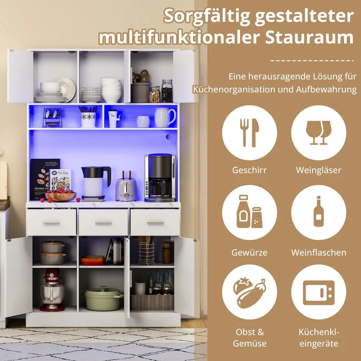 100x40x180cm, multifunktionales Buffet mit LED-Beleuchtung mit APP-Steuerung, Schubladen, verstellbaren Einlegeböden, Kabelführungslöchern und Steckdosen, ideal für Küchen und Esszimmer – Bild 9
