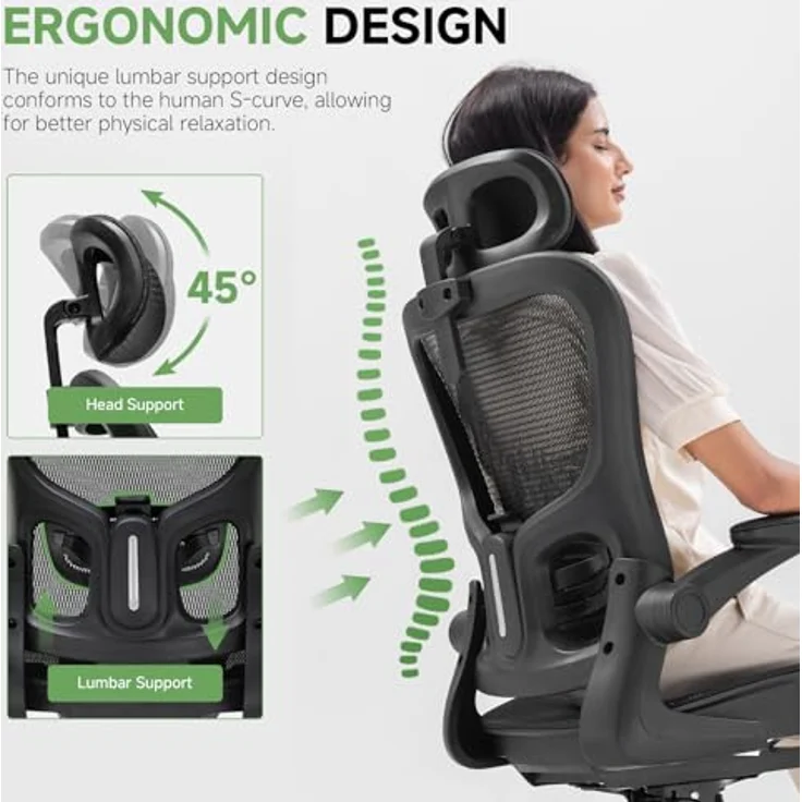 GTPLAYER Bürostuhl Ergonomisch, Schreibtischstuhl mit Verstellbarer Kopfstütze, Armlehnen, Lendenwirbelstütze, Büro Stuhl & Gaming Stuhl Wippfunktion, Chefsessel aus Mesh, 150kg(Tiefschwarz) – Bild 8