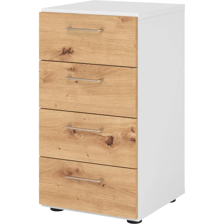 bümö smart Schubladenschrank, Büroschrank in Weiß/Asteiche mit 4 Schüben - Bürocontainer aus Holz, Container mit Metallgriffen & Soft-Stop Schubladen, 924S4-W-R-BS – Bild 1