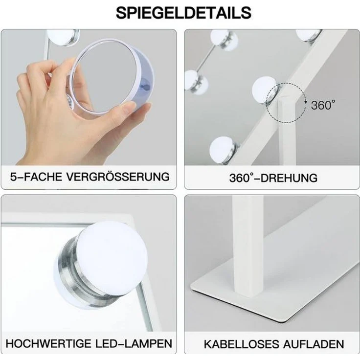 Dripex Schminkspiegel Kosmetikspiegel mit 12 LED 3 Lichtfarben Dimmfunktion Kabelloses Laden – Bild 4