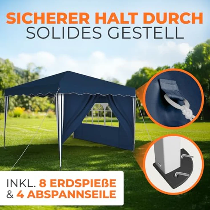 Faltpavillon 3x3 m - wasserdicht - mit 2 Seitenteilen, blau – Bild 6