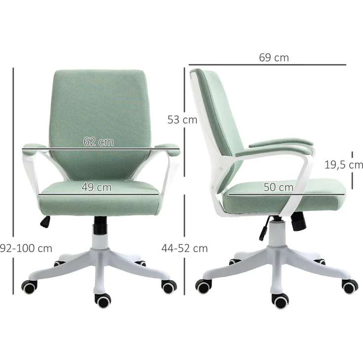 Wohnora-Bürostuhl Ergonomischer Schreibtischstuhl mit Armlehne, Höhenverstellbarer Drehstuhl mit Wippfunktion, Leinenoptik, Gepolstert Computerstuhl, Grün+Weiß,H 1000cm x T 620cm x B 300cm – Bild 5