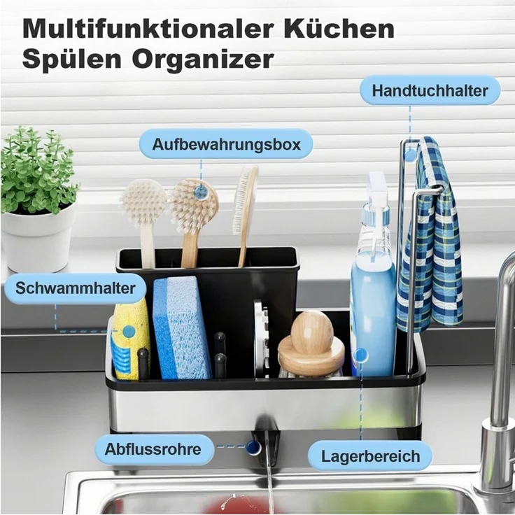 BlingBin Küchenorganizer-Set Spülbecken-Organizer Schwammhalter mit Automatischer Entwässerung, (360° Drehbar Abflussrohr, 1-tlg, 24.5*12.5*21.5CM), Aufbewahrung für Bürsten, Spülmittel, Küchenutensilien – Bild 2