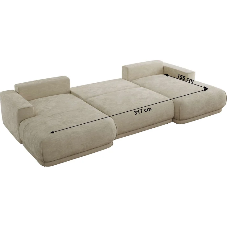 XXL Wohnlandschaft RINA U-Form 360 cm breit, Sofa mit Schlaffunktion & DL-Mechanismus, Wellenfederung, modern freistehend - Beige Schenille glatt – Bild 8