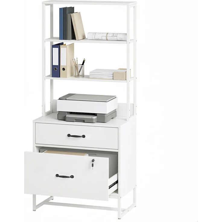 MELAYR, Aktenschrank mit Regal, 2 Schubladen, Arbeitsplatte für Drucker, 70 x 40 x 157 cm, Weiß – Bild 2