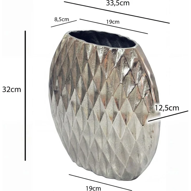 FINEBUY Dekovase FB77844 Vase Dekovase 33,5cm Metall Silber Blumenvase Wohndeko Rund (Extravagante Metallvase mit 3D-Rautenmuster), Schlankes Design aus robustem Aluminium – Bild 3