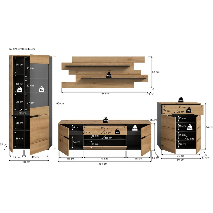Wohnkombination (B/H/T: 375x190x44 cm) in Artisan Nachbildung – Bild 4