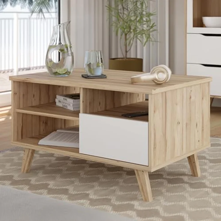 Forte VANNKA Couchtisch 90, Tisch mit offenen Fächern und Schublade, Holzwerkstoff, Planked Eiche Dekor/Weiß, 90 cm breit, 51,1 cm hoch, 60 cm tief – Bild 2