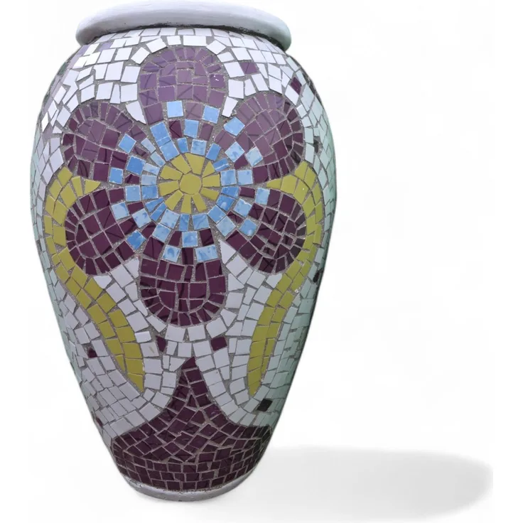 Pflanzgefäß "La Flora" Geschwungene Mosaikdesign Lila – Höhe 85 cm – Ø 40 cm – Handgefertigt aus Beton & Keramik-Mosaik