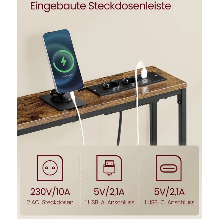 VASAGLE Konsolentisch mit Ladestation, schmaler Sofatisch, Flurtisch, 15 x 100 x 80 cm, mit Haken, einfache Montage, für Flur, Wohnzimmer, vintagebraun-tintenschwarz – Bild 3