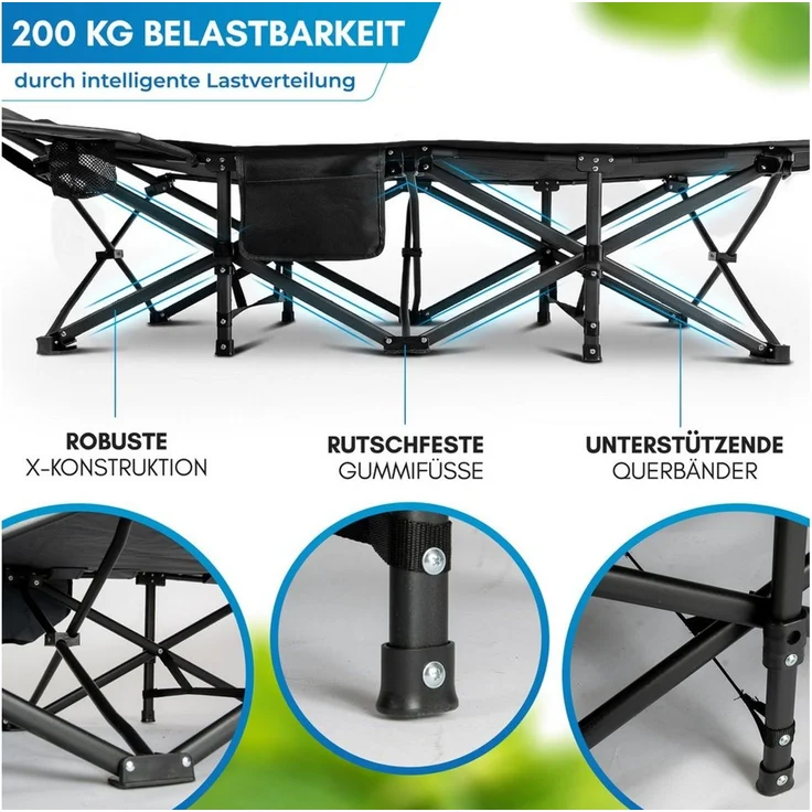 Nordmut Feldbett Klappbar mit Matratze, Campingbett Gästebett, Outdoor Erwachsene (Spar-Set, 1-St, Nordmut Kebne mit Auflage, Nachttisch & Tragetasche) mit Auflage, Tragetasche, Seitentasche, Nachttisch, 200 kg belastbar – Bild 4