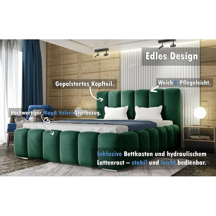 thematys Polsterbett mit Bettkasten & Lattenrost Stauraumbett 160x200cm, Samt, Grün – Bild 2