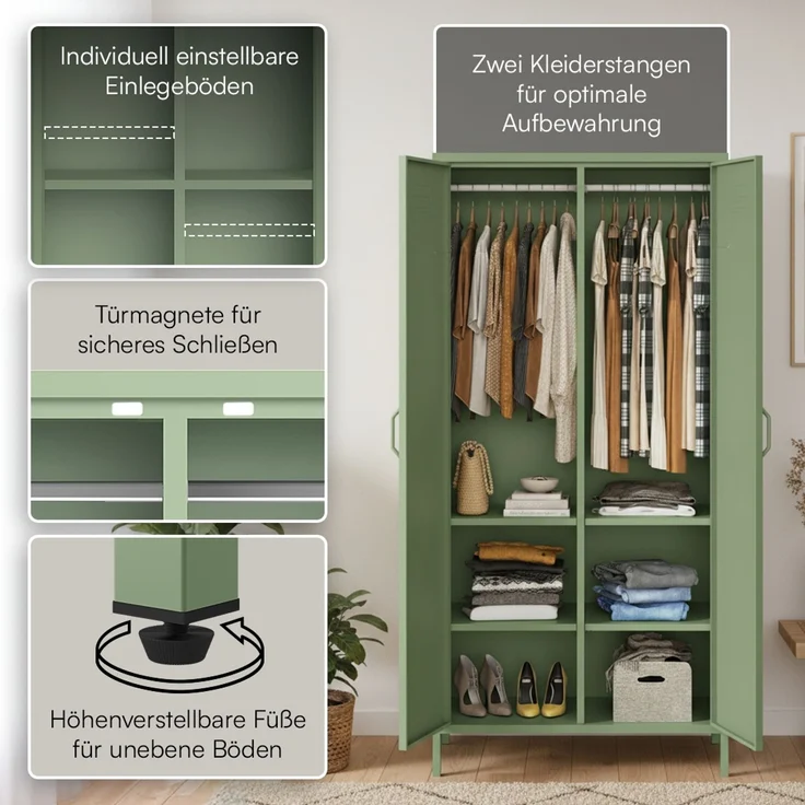skølm 'Atria' Kleiderschrank, Metall, 170x45x80 cm, grün, Garderobe mit 4 Fächern und 2 Kleiderstangen – Bild 3