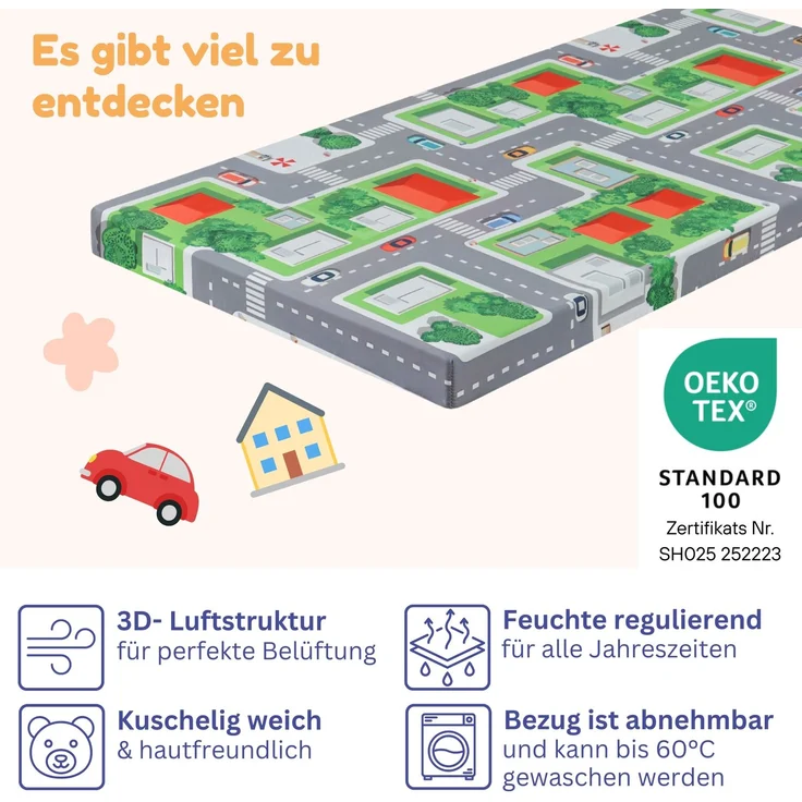 Arensberger Kinderreisebett Matratze 60x120 cm – faltbare Baby- & Kindermatratze mit Stadtmotiv, Nanocell Gelschaum, abnehmbarer Bezug & Tragetasche – Bild 3