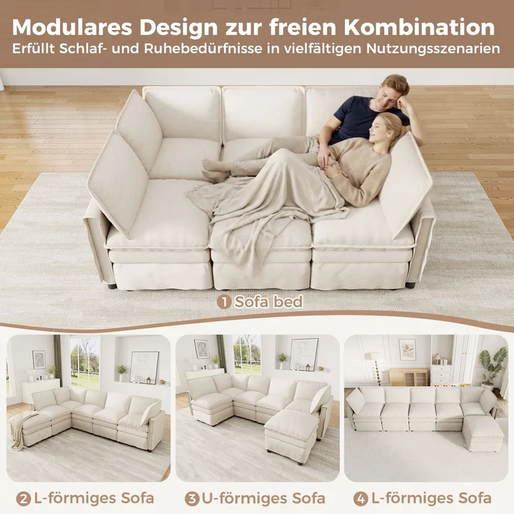 ZUBALIYA Wohnlandschaft 127x91 cm, mit Chenille - Bezug, mit Samtbezug, mit breiten Armlehnen, modular aufgebaut, Beige – Bild 9