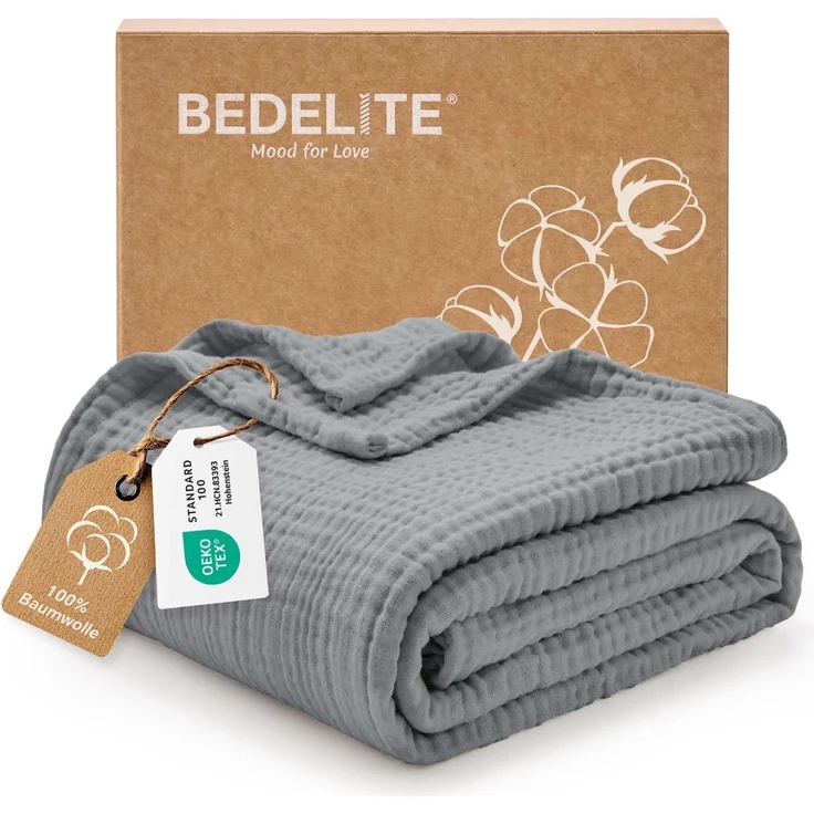 BEDELITE Musselin Decke 127x177 cm Erwachsene Tagesdecke Baumwolle, Grau
