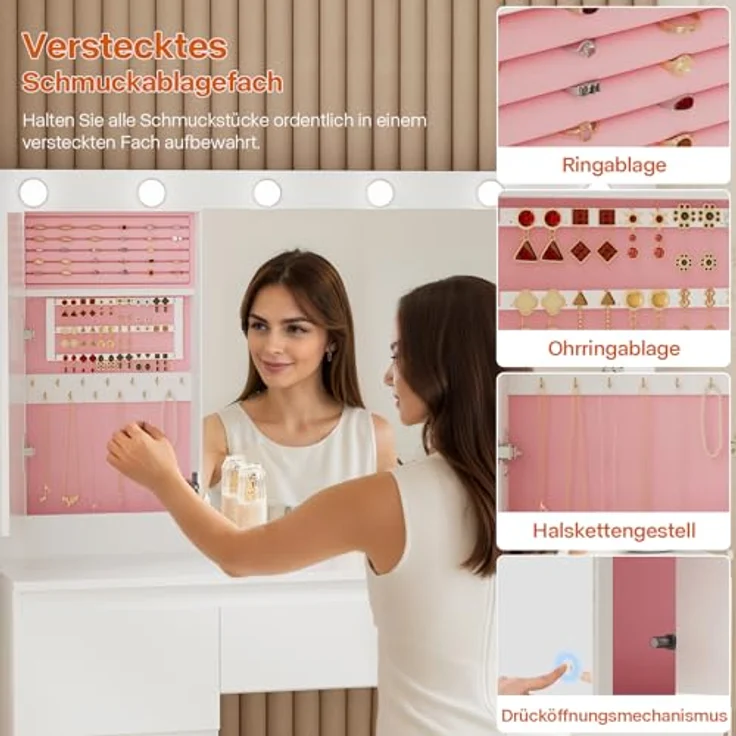 TRIUMPHKEY Schminktisch mit Große Spiege und LED-Beleuchtung, Einstellbarer Helligkeit, 120x40x140cm, Frisiertisch mit 7 Schubladen, Steckdose,Schmuckschrank, Kosmetiktisch für das Schlafzimmer, Weiß – Bild 4