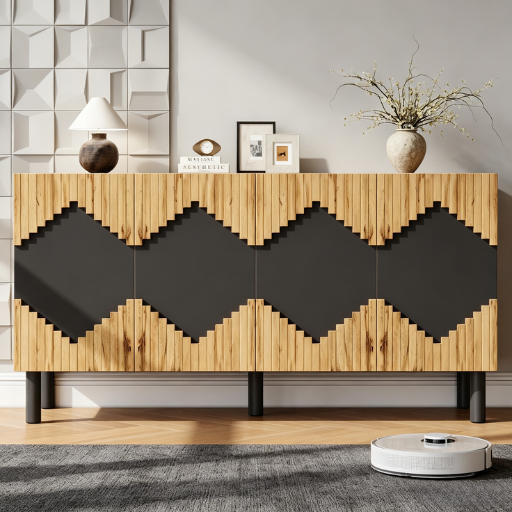 ZUBALIYA Sideboard 140x40x70 cm, mit 2 Türen, aus MDF / Spanplatte, Natur / Schwarz – Bild 19